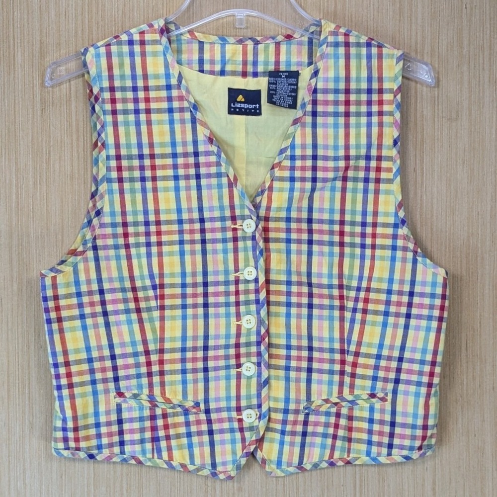 Lizsport‎ Vintage 90s Rainbow Plaid Preppy Retro Button Front Vest Medium Petite